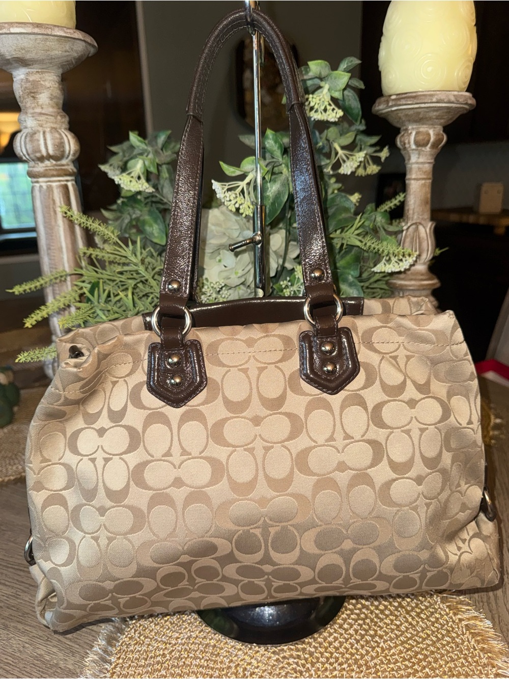 Coach Signature Logo Tote with Dark Brown Leather Trim Good Preloved Condition - Picture 2 of 8